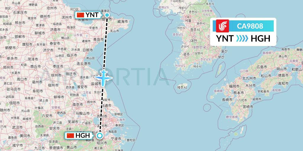 CA9808 Air China Flight Map: Yantai to Hangzhou