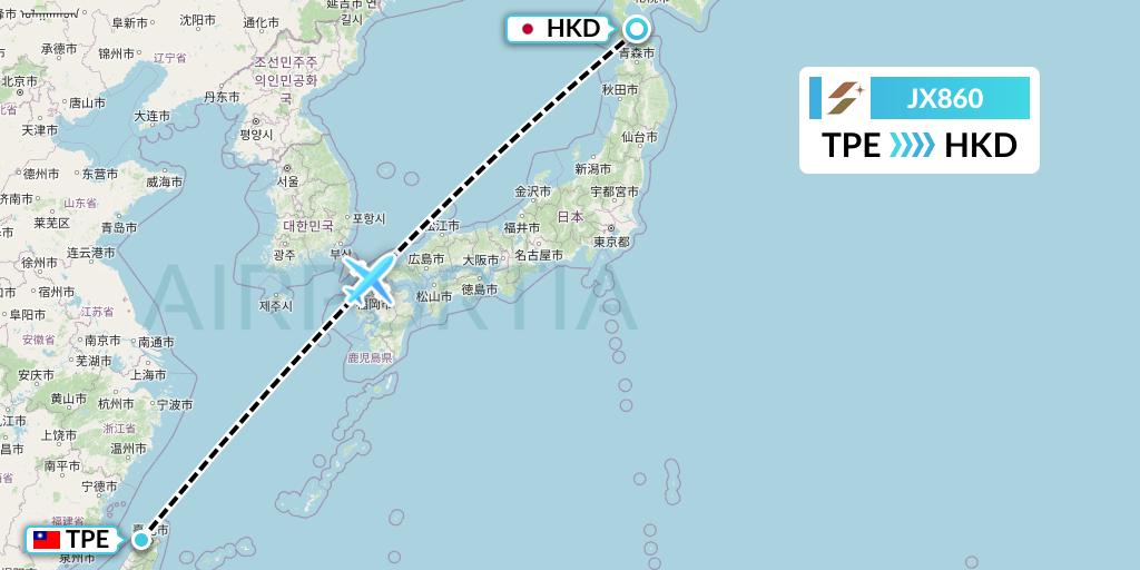JX860 Starlux Airlines Flight Map: Taipei to Hakodate