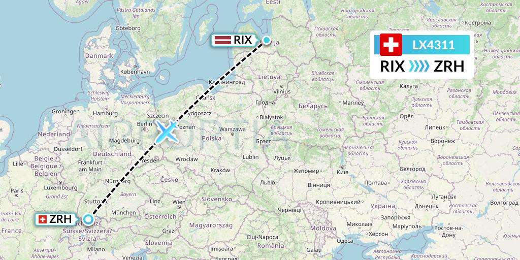 LX4311 Swiss Flight Map: Riga to Zurich