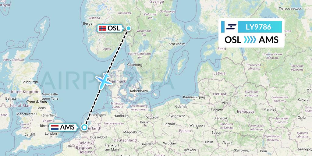 LY9786 El Al Flight Map: Oslo to Amsterdam