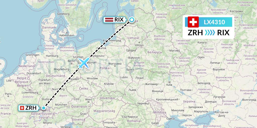 LX4310 Swiss Flight Map: Zurich to Riga
