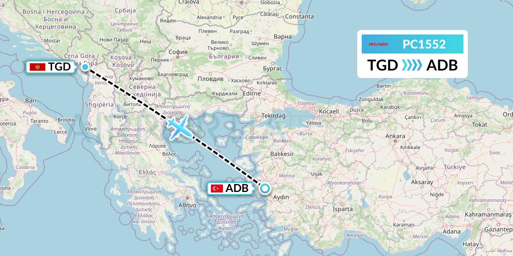 PC1552 Pegasus Airlines Flight Map: Podgorica to Izmir