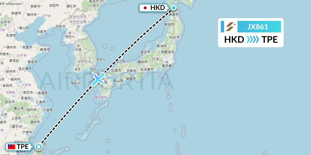 JX861 Starlux Airlines Flight Map: Hakodate to Taipei
