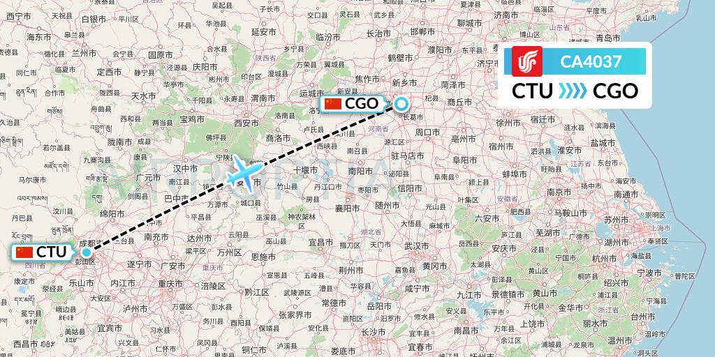 CA4037 Air China Flight Map: Chengdu to Zhengzhou
