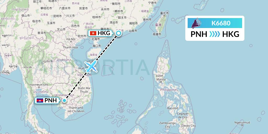 K6680 Cambodia Angkor Air Flight Map: Phnom Penh to Hong Kong