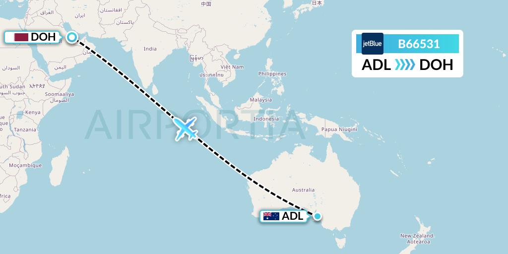 B66531 JetBlue Airways Flight Map: Adelaide to Doha