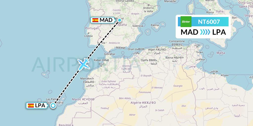 NT6007 Binter Canarias Flight Map: Madrid to Las Palmas