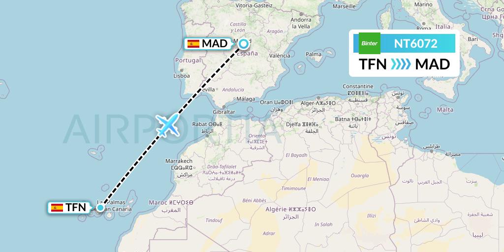 NT6072 Binter Canarias Flight Map: Tenerife to Madrid