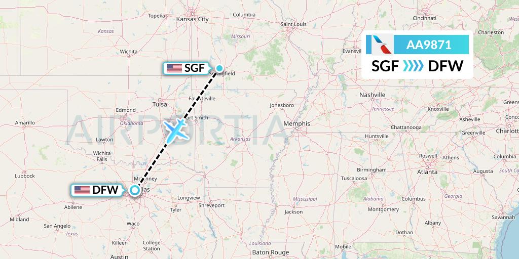 AA9871 American Airlines Flight Map: Springfield to Dallas