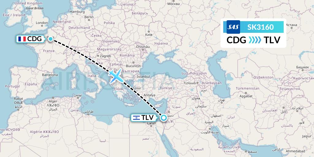 SK3160 SAS Flight Map: Paris to Tel Aviv