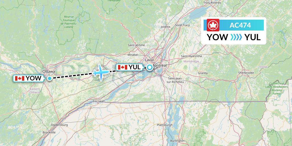 AC474 Air Canada Flight Map: Ottawa to Montreal