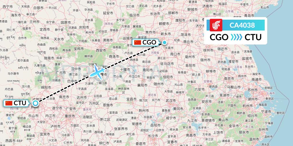 CA4038 Air China Flight Map: Zhengzhou to Chengdu