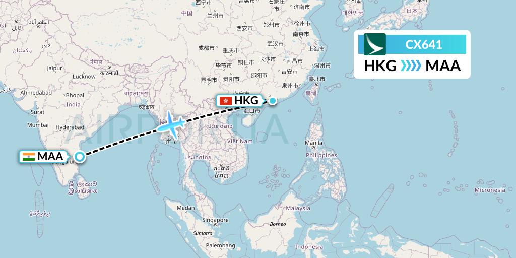 CX641 Cathay Pacific Flight Map: Hong Kong to Chennai