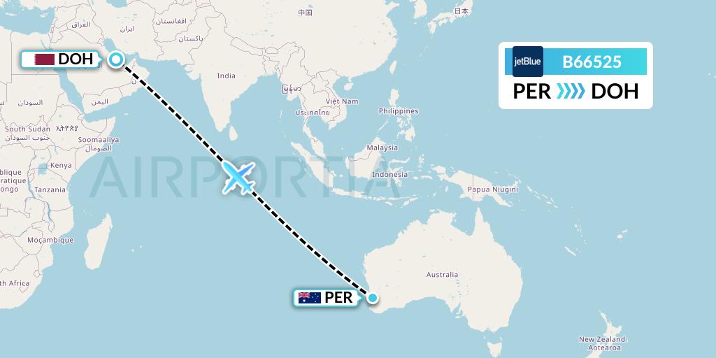 B66525 JetBlue Airways Flight Map: Perth to Doha