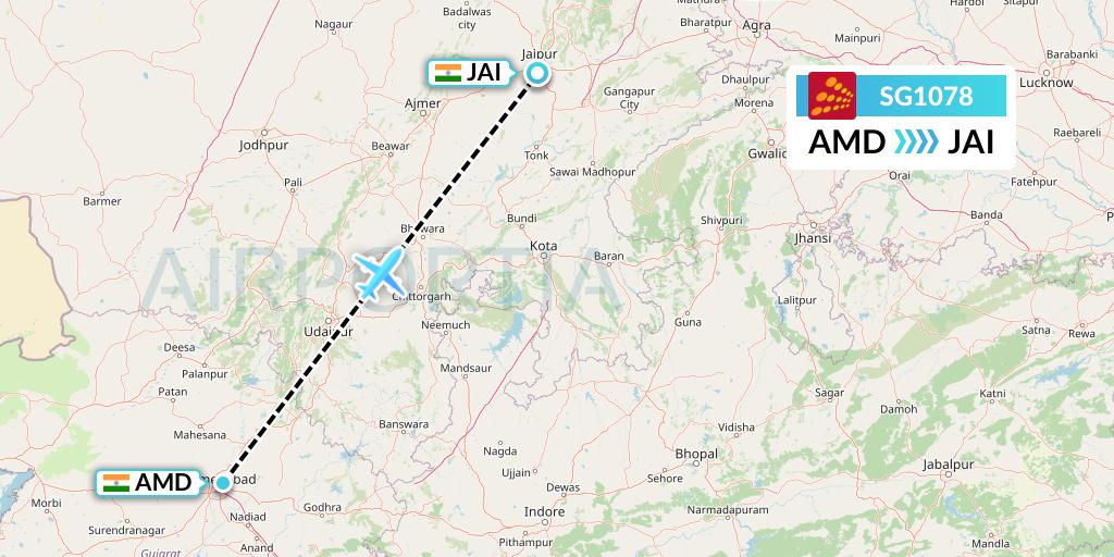 SG1078 SpiceJet Flight Map: Ahmedabad to Jaipur