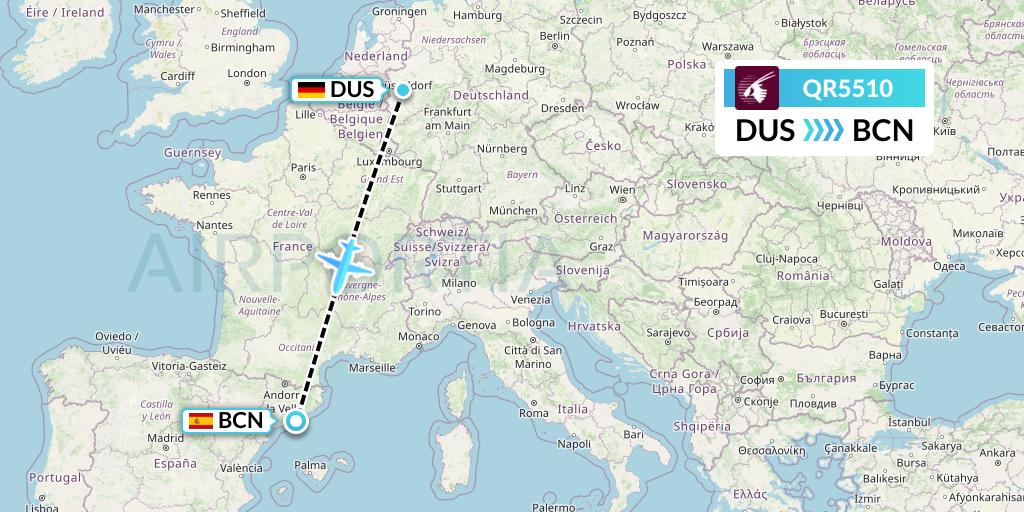 QR5510 Qatar Airways Flight Map: Dusseldorf to Barcelona