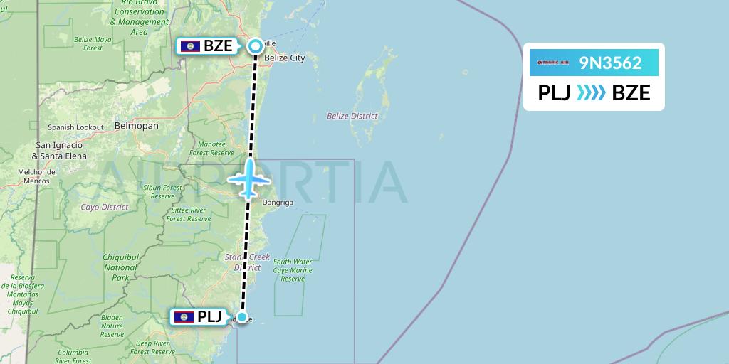 9N3562 Tropic Air Flight Map: Placencia to Belize City