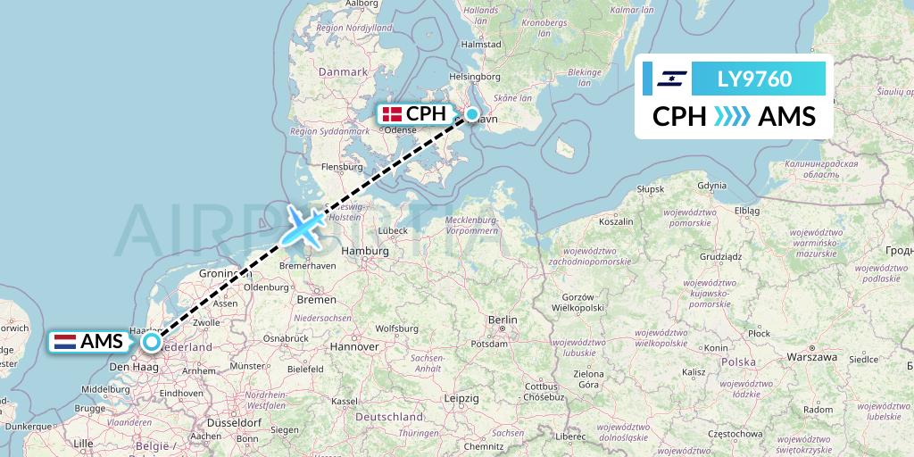 LY9760 El Al Flight Map: Copenhagen to Amsterdam