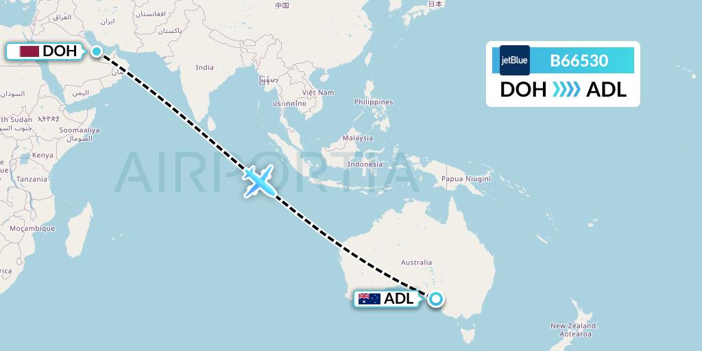 B66530 JetBlue Airways Flight Map: Doha to Adelaide