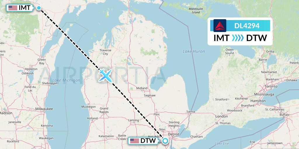 DL4294 Delta Air Lines Flight Map: Iron Mountain Kingsford to Detroit