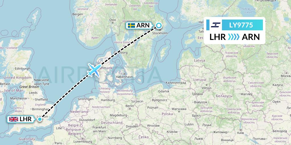 LY9775 El Al Flight Map: London to Stockholm