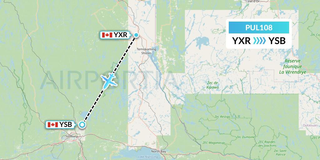 PUL108 Ornge Air Flight Map: Earlton to Sudbury