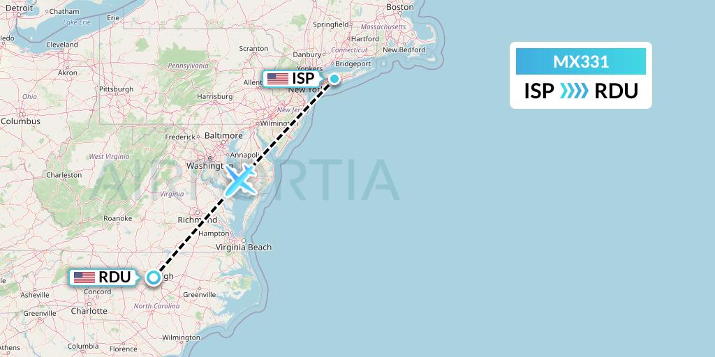 MX331 Breeze Airways Flight Map: Islip to Raleigh-Durham