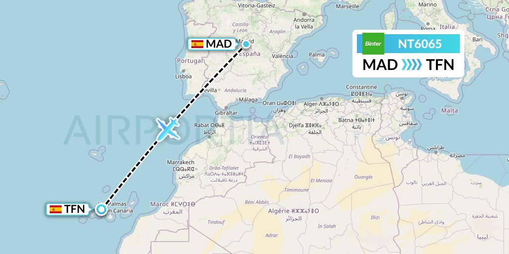 NT6065 Binter Canarias Flight Map: Madrid to Tenerife