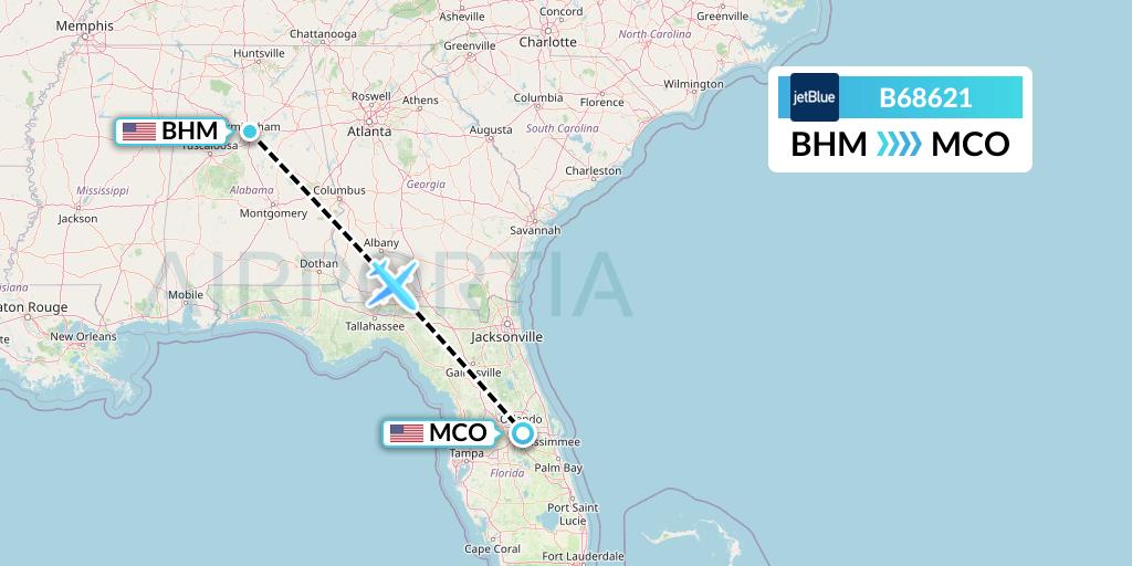 B68621 JetBlue Airways Flight Map: Birmingham to Orlando
