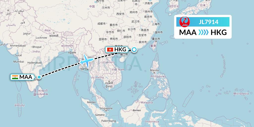 JL7914 Japan Airlines Flight Map: Chennai to Hong Kong