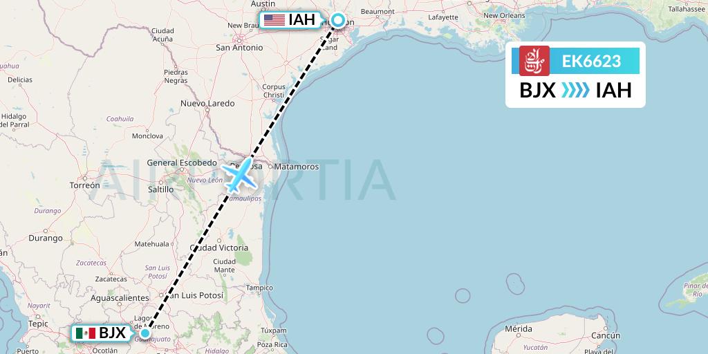 EK6623 Emirates Flight Map: Silao to Houston