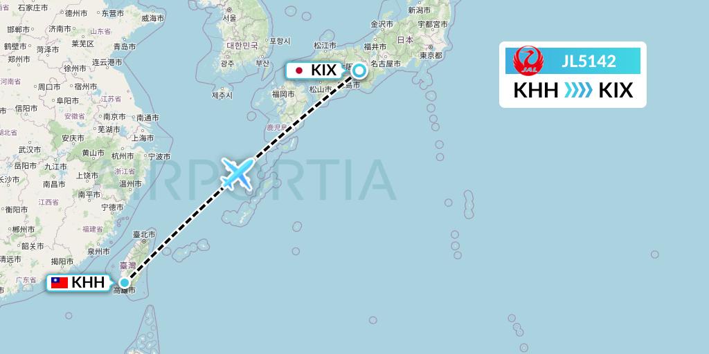 JL5142 Japan Airlines Flight Map: Kaohsiung to Osaka