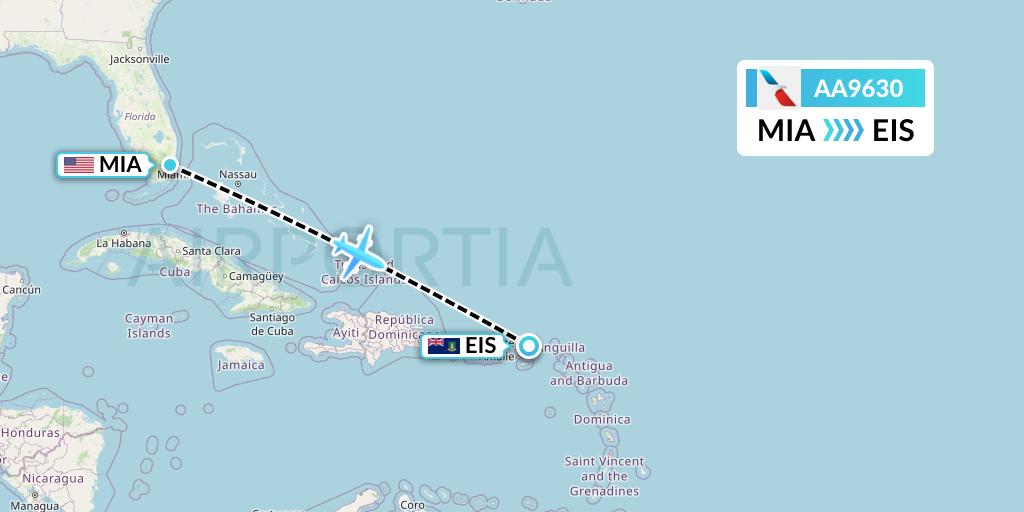 AA9630 American Airlines Flight Map: Miami to Beef Island