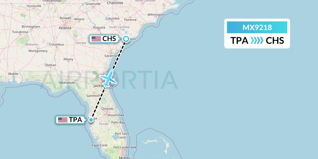 MX9218 Breeze Airways Flight Map: Tampa to Charleston