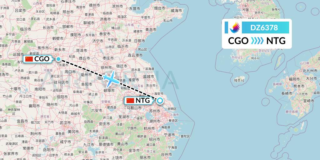 DZ6378 Donghai Airlines Flight Map: Zhengzhou to Nantong