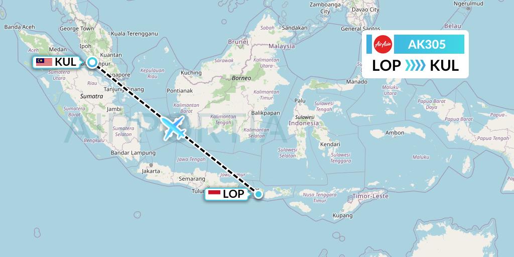 AK305 AirAsia Flight Map: Lombok to Kuala Lumpur