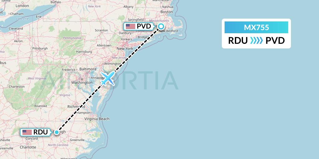 MX755 Breeze Airways Flight Map: Raleigh-Durham to Providence