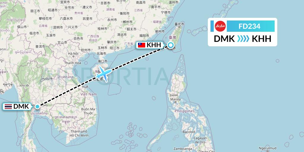 FD234 Thai AirAsia Flight Map: Bangkok to Kaohsiung