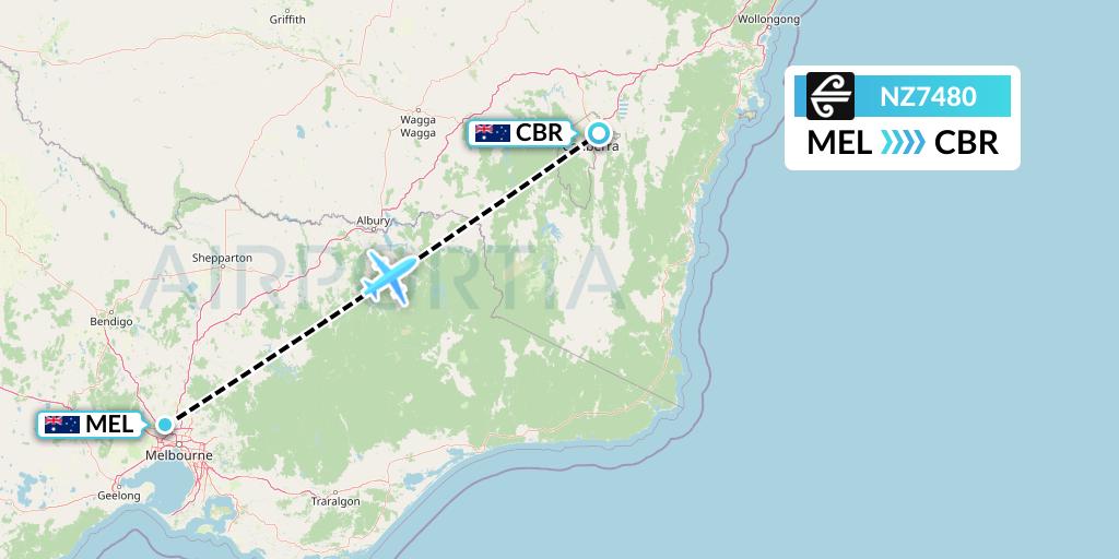 NZ7480 Air New Zealand Flight Map: Melbourne to Canberra