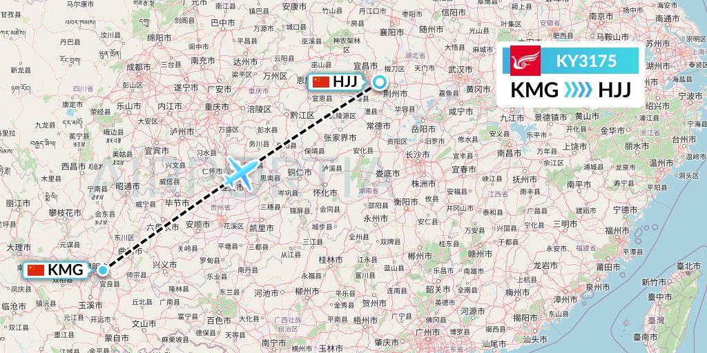 KY3175 Kunming Airlines Flight Map: Kunming to Huaihua