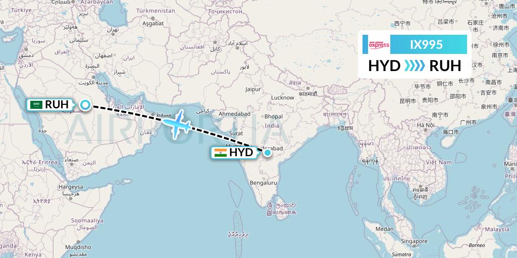 IX995 Air India Express Flight Map: Hyderabad to Riyadh