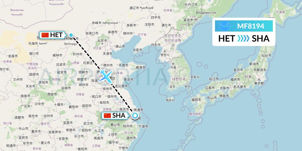 MF8194 Xiamen Airlines Flight Map: Hohhot to Shanghai