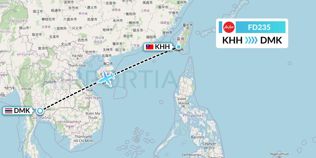 FD235 Thai AirAsia Flight Map: Kaohsiung to Bangkok