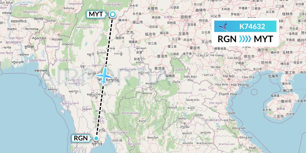 K74632 Air KBZ Flight Map: Yangon to Myitkyina