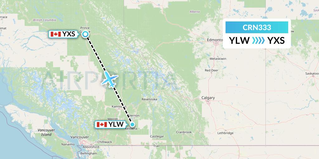CRN333 Aerocaribbean Flight Map: Kelowna to Prince George