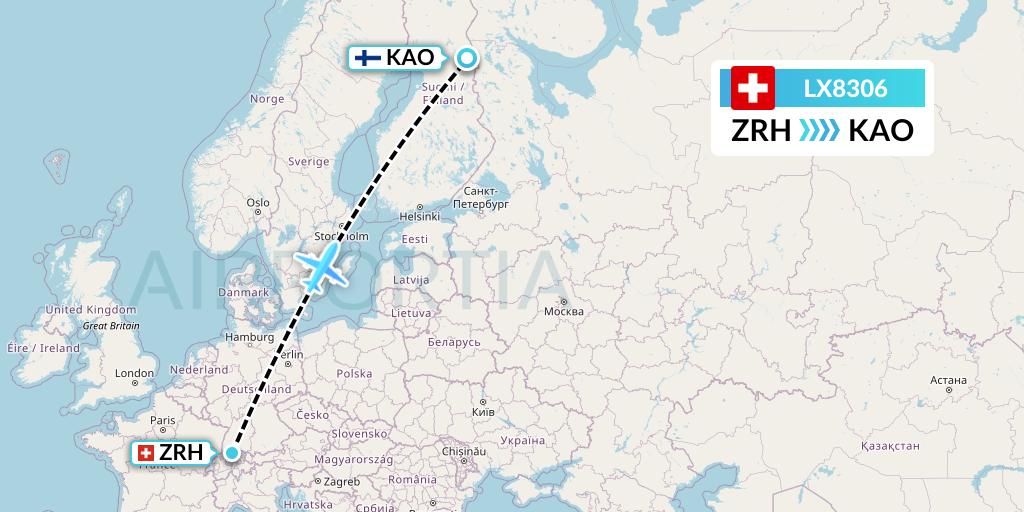 LX8306 Swiss Flight Map: Zurich to Kuusamo