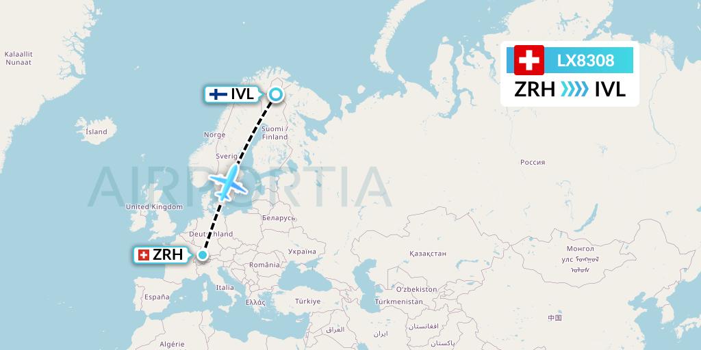 LX8308 Swiss Flight Map: Zurich to Ivalo