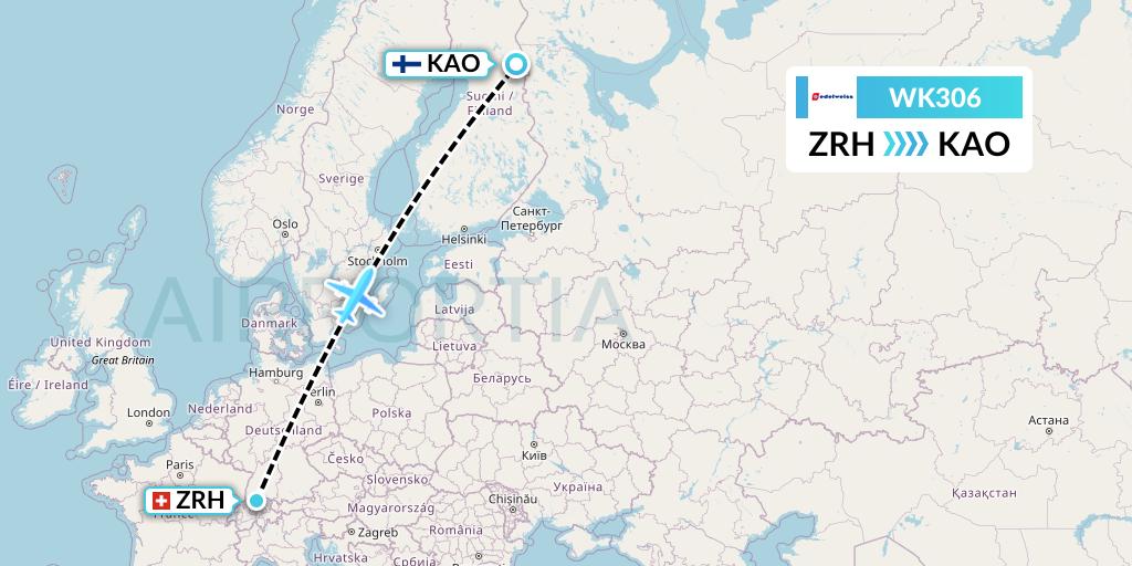 WK306 Edelweiss Air Flight Map: Zurich to Kuusamo