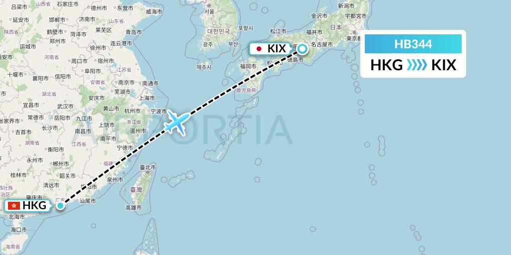 HB344 Greater Bay Airlines Flight Map: Hong Kong to Osaka