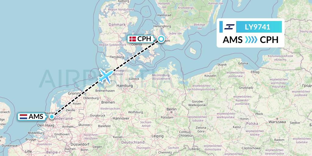 LY9741 El Al Flight Map: Amsterdam to Copenhagen